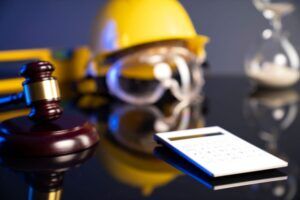 Judge's gavel, calculator, safety helmet, and protective goggles on a desk representing construction accident claims.